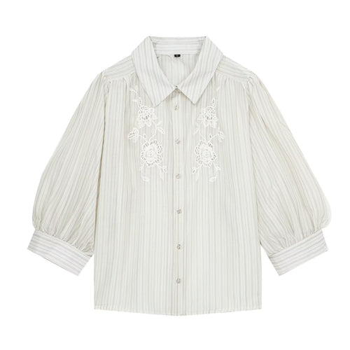 Damen Gestreifte Bluse mit zarter Spitzenstickerei und 3/4‑Ballonärmel Shop Nory