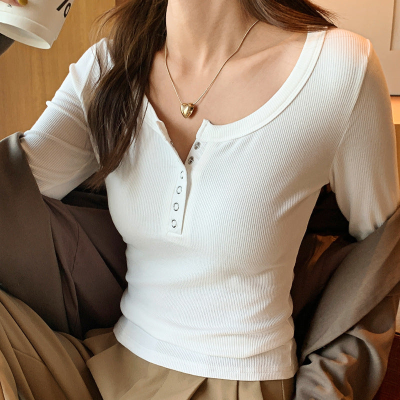 Damen Figurbetontes Langarm-Henley-Oberteil Shop Nory
