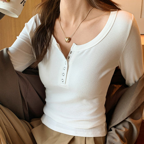 Damen Figurbetontes Langarm-Henley-Oberteil Shop Nory