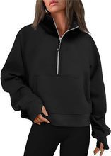 Damen nan weit geschnittenes Kurzpullover mit Stehkragen, halbem Reißverschluss und Kängurutasche Shop Nory