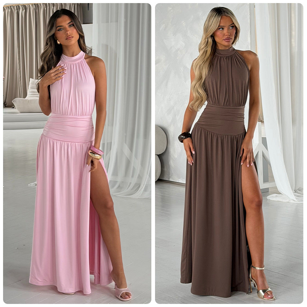 Damen Elegantes Maxikleid mit schimmerndem Stoff und hohem Schlitz Shopnory