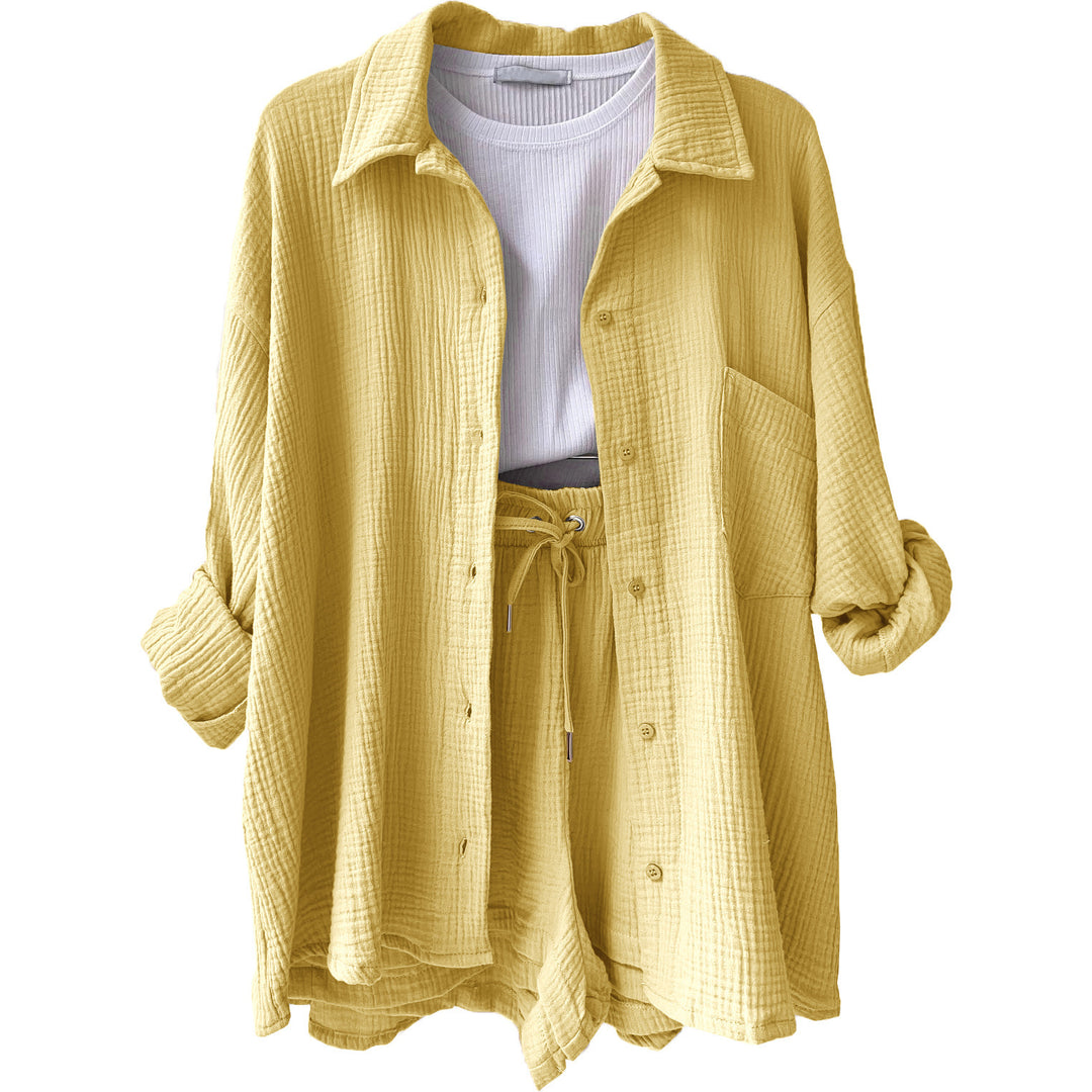 Damen nan lässiges oversized Hemd und Shorts Set mit Brusttasche Kordelbund und gerauter Baumwollstruktur Shop Nory