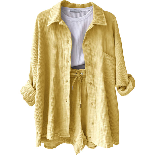 Damen nan lässiges oversized Hemd und Shorts Set mit Brusttasche Kordelbund und gerauter Baumwollstruktur Shop Nory