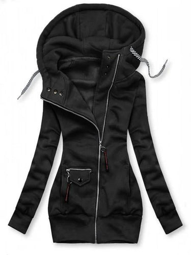 Damen Lange Kapuzenjacke mit asymmetrischem Reißverschluss und Zip‑Tasche Shop Nory