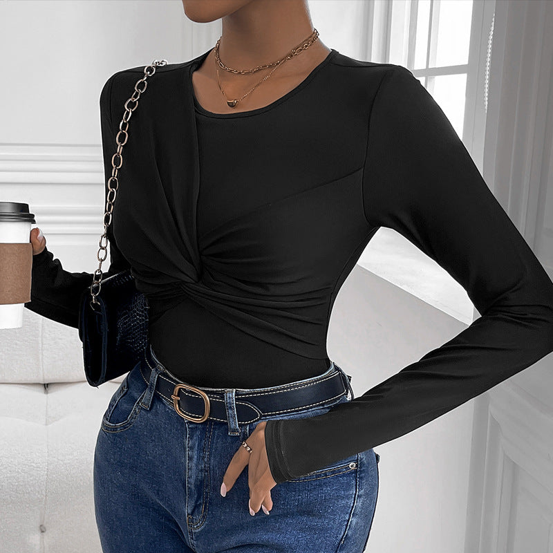 Damen Figurbetontes Twist-Longsleeve mit Knotendetail und Rundhalsausschnitt Shop Nory