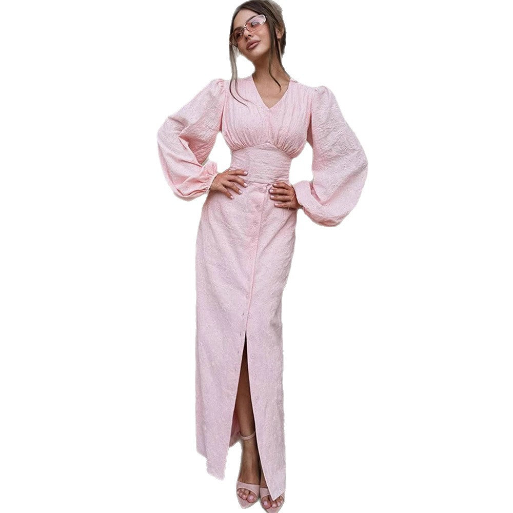 Damen Maxikleid mit Puffärmeln, tailliertem Mieder und Frontknopfleiste Shop Nory