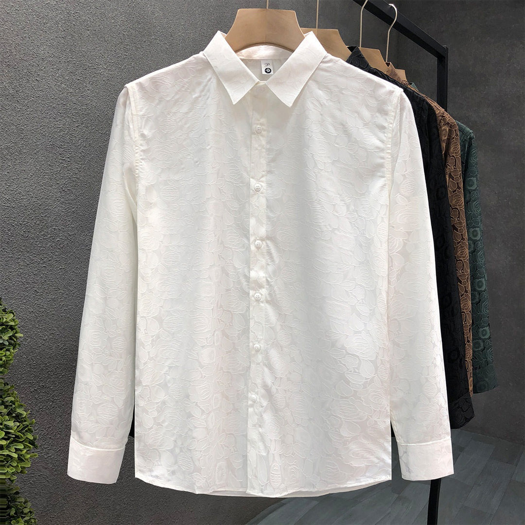 Herren Langärmeliges Jacquard-Hemd mit feinem Blumenrelief und Kentkragen Shop Nory