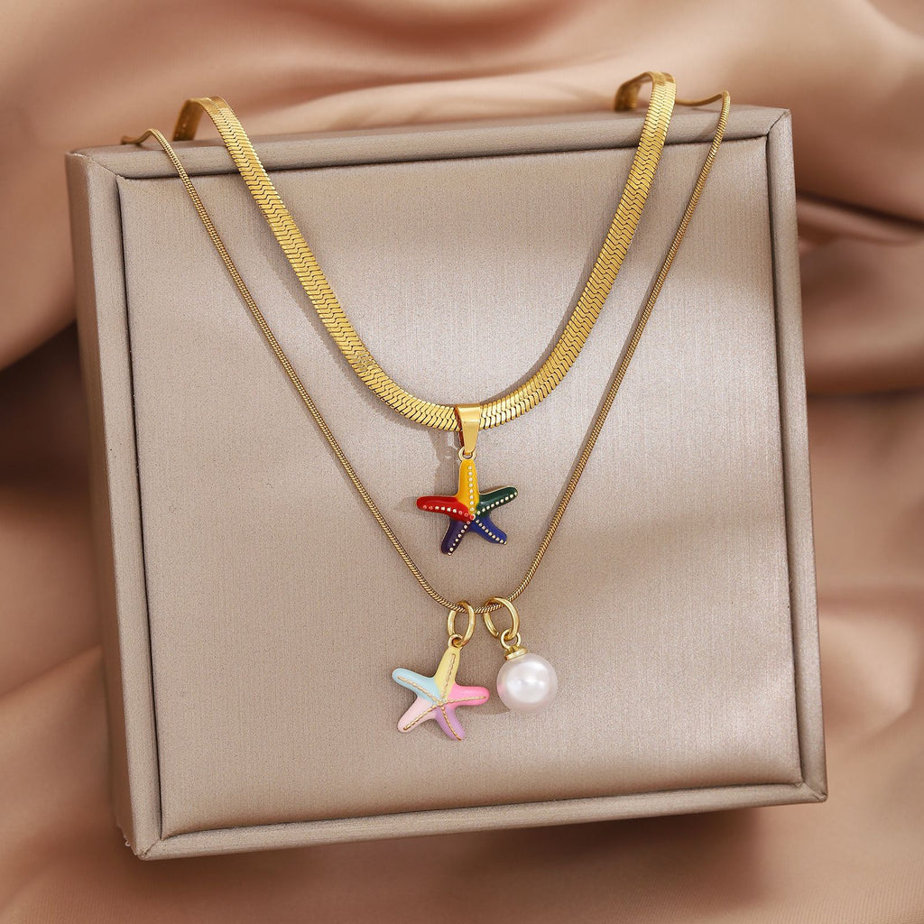 Damen mehrlagige Kette mit bunten Stern-Anhängern Shop Nory
