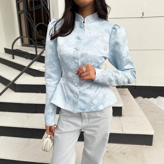 Damen Taillierter Jacquard-Blazer mit Stehkragen, Puffärmeln und Schößchen Shop Nory