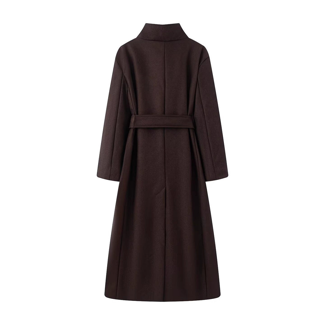 Damen übergroßer Wollmix-Mantel mit Stehkragen und Bindegürtel Shop Nory