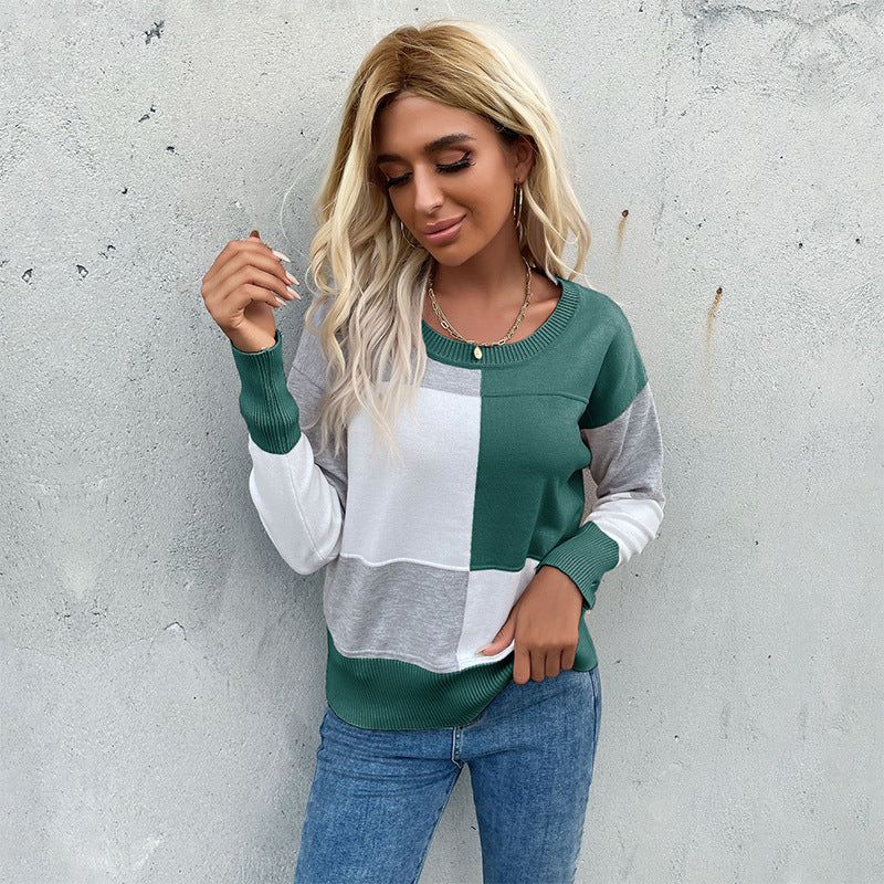 Damen Patchwork-Strickpullover mit kontrastierenden Feldern, Rundhalsausschnitt und gerippten Abschlüssen Shop Nory