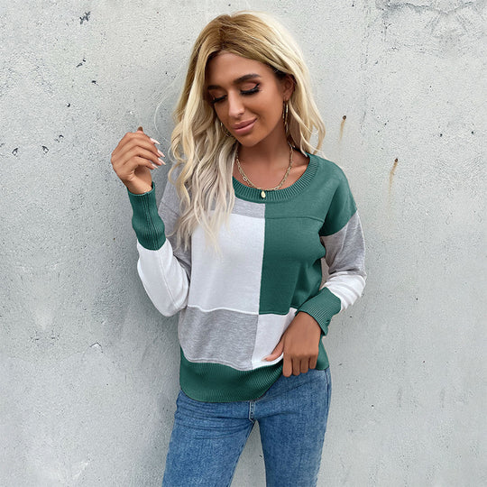 Damen Patchwork-Strickpullover mit kontrastierenden Feldern, Rundhalsausschnitt und gerippten Abschlüssen Shop Nory
