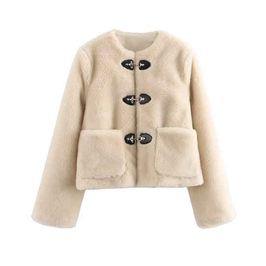 Damen Kurz geschnittene Teddyjacke mit Knebelverschlüssen und aufgesetzten Taschen Shop Nory
