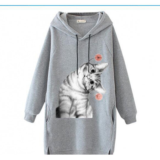 Damen Oversize Kapuzenkleid aus Sweat mit großem Katzenprint und Seitentaschen Shop Nory