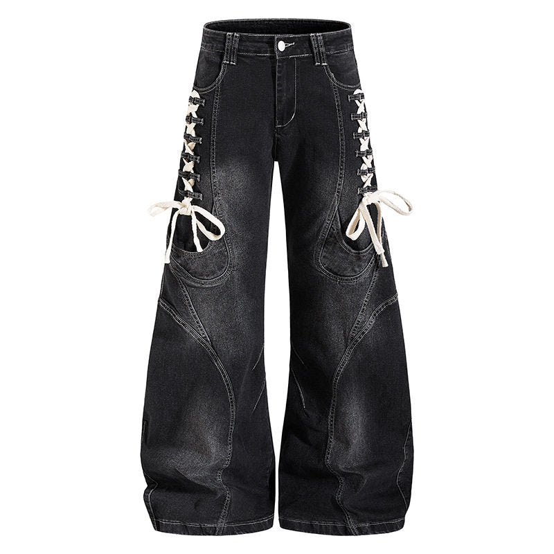 Damen Weite hochtaillierte Denim-Culotte mit seitlicher Schnürung und Cargo-Taschen Shop Nory