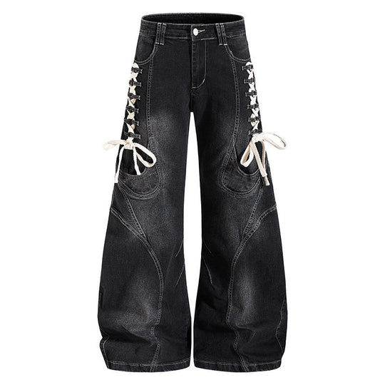 Damen Weite hochtaillierte Denim-Culotte mit seitlicher Schnürung und Cargo-Taschen Shop Nory
