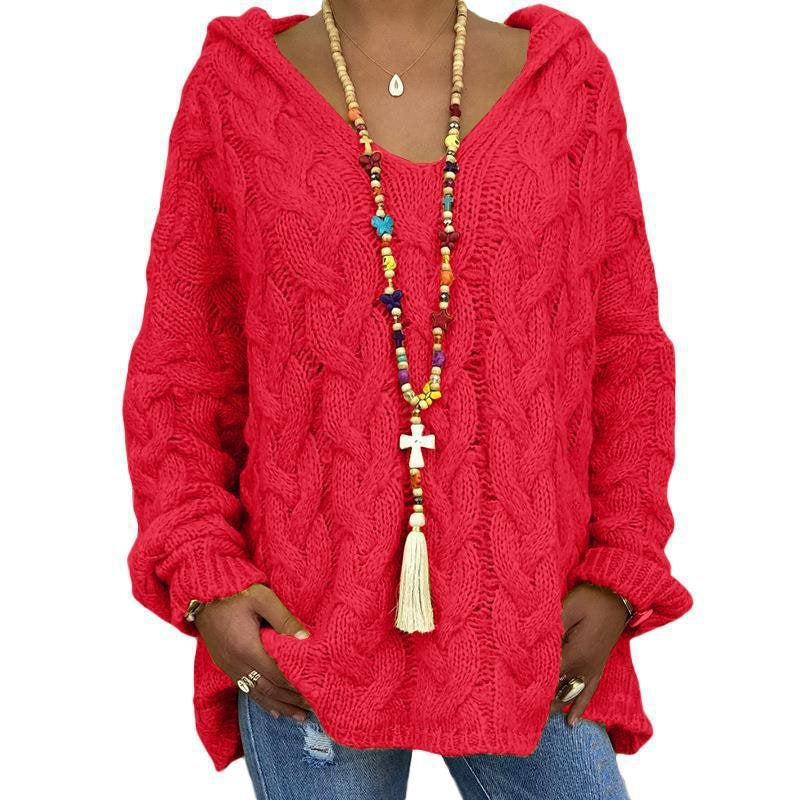 Damen Oversized Zopfmuster-Strickpullover mit Kapuze und lässigem V‑Ausschnitt Shop Nory