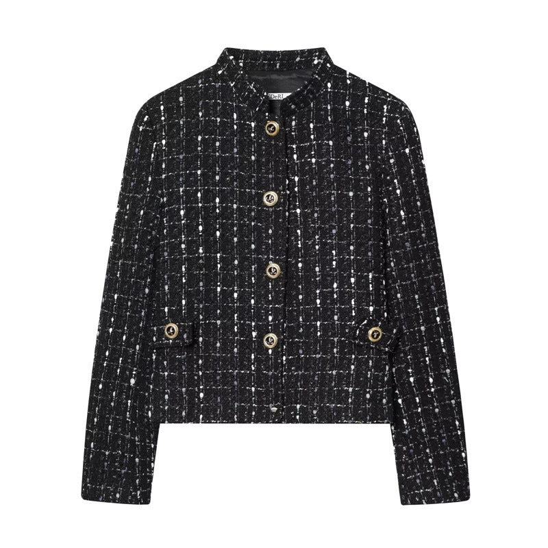 Damen kurze Bouclé‑Tweed‑Jacke mit Stehkragen, Zierknöpfen und Pattentaschen Shop Nory