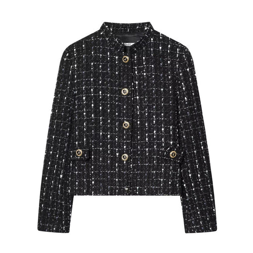 Damen kurze Bouclé‑Tweed‑Jacke mit Stehkragen, Zierknöpfen und Pattentaschen Shop Nory