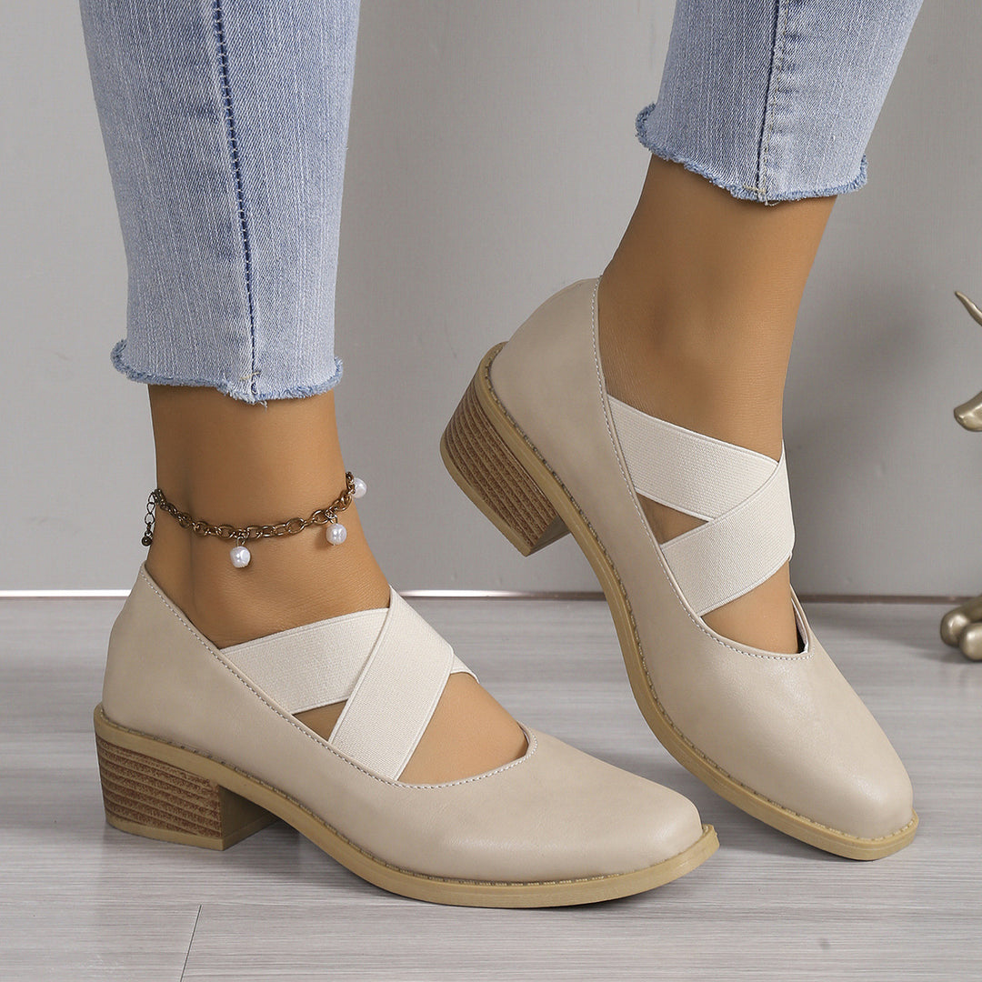 Damen Slipper-Pumps mit kreuzenden Elastikriemen und Blockabsatz Shop Nory
