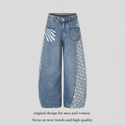 Damen Weite Denim-Palazzohose mit Kontrastseiten, Stern-Print und aufgesetzten Taschen Shop Nory