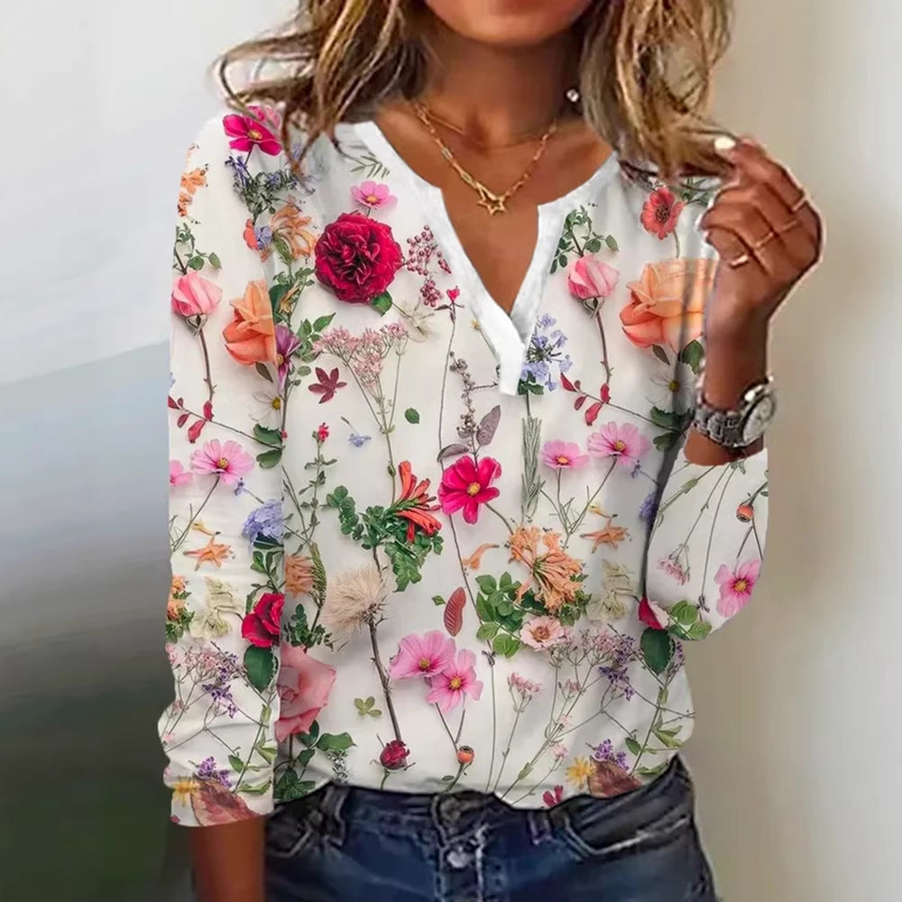 Damen Floral Lange Bluse im Chiffon-Look mit V-Schlitz und Lässiger Silhouette Shop Nory