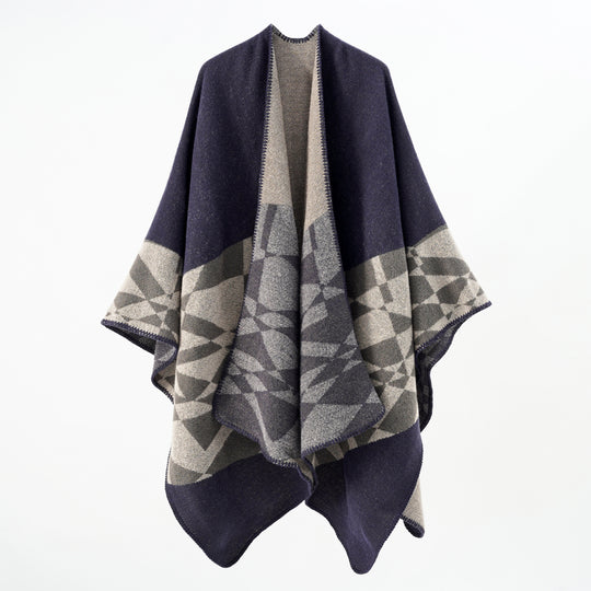Damen Großer Strickponcho im Cape‑Schnitt mit Ziernaht und geometrischem Intarsia Shop Nory