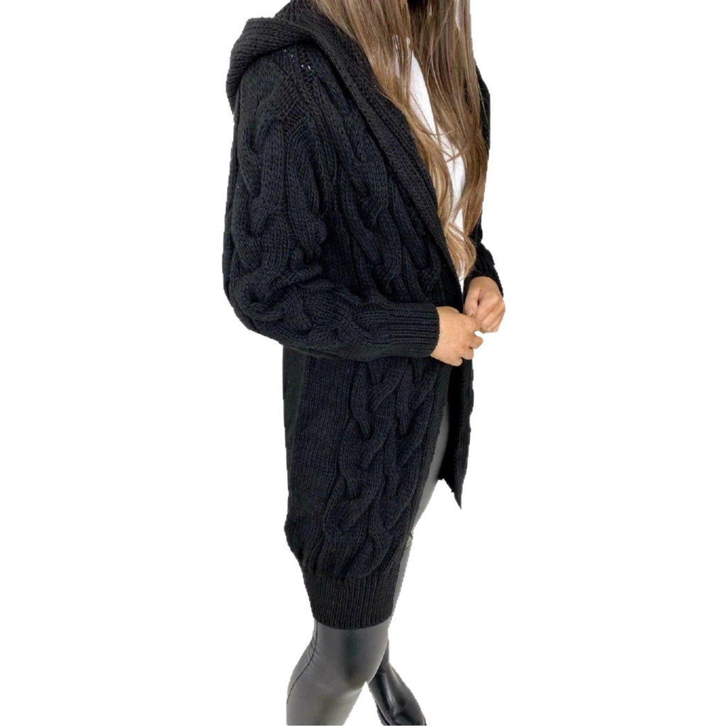 Damen lange Strickjacke mit Kapuze und Zopfdesign
