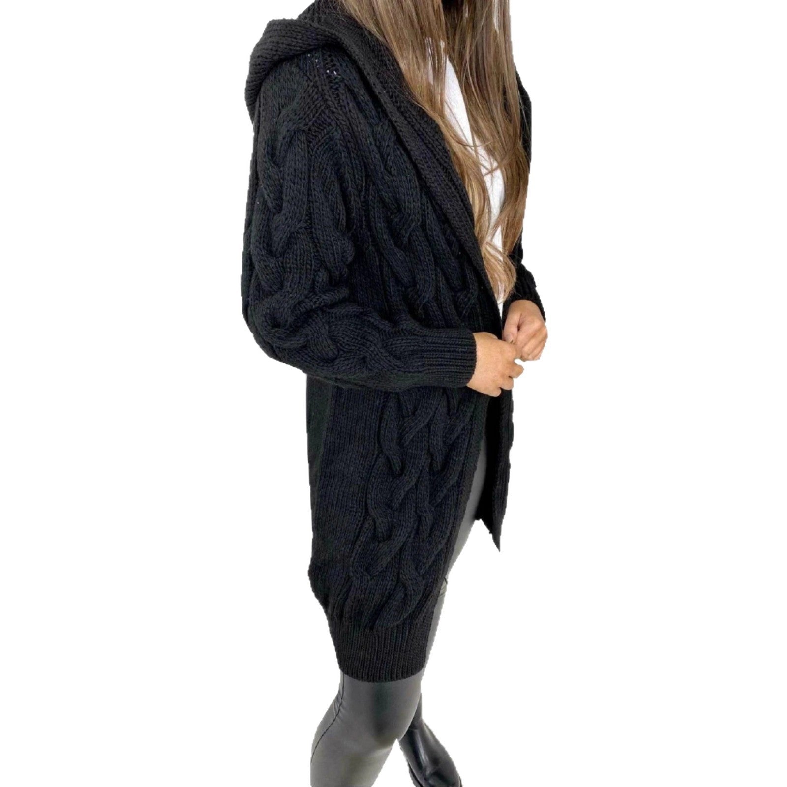 Damen lange Strickjacke mit Kapuze und Zopfdesign
