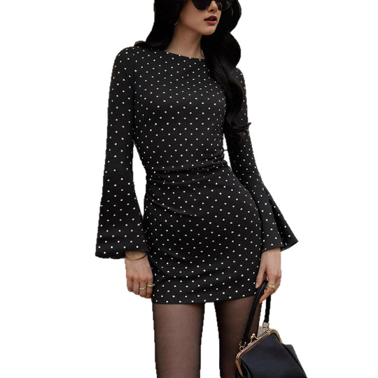 Damen Enges Polka Dot Mini Kleid mit langen Ärmeln und U Boot Ausschnitt Shop Nory