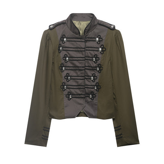 Damen Kurzjacke im Militärstil mit Stehkragen, Zierfrosch und Epauletten Shop Nory