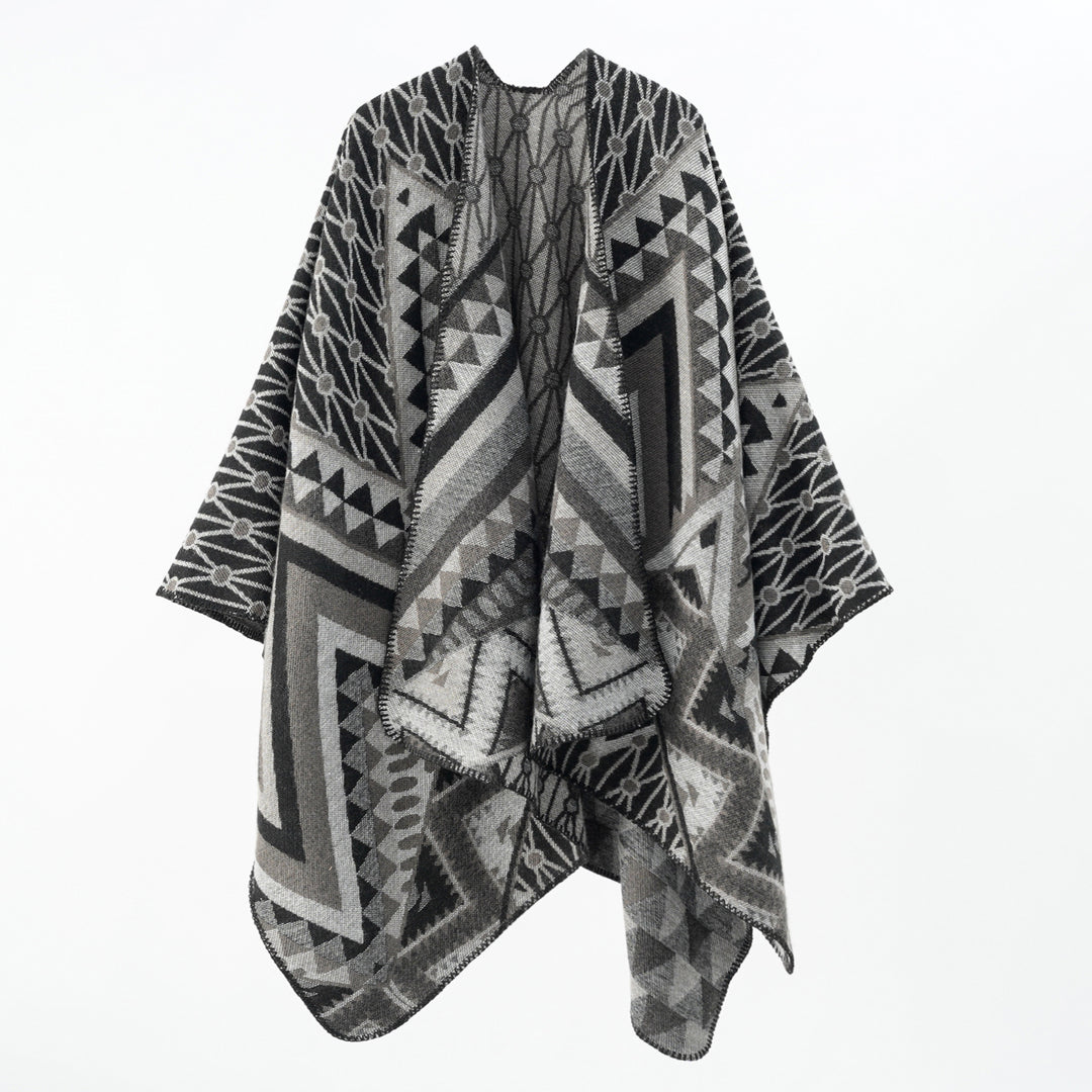 Damen Strukturiertes Jacquard-Poncho-Überwurf mit grafischem Ethno-Muster und offenem Kimono-Fall Shop Nory