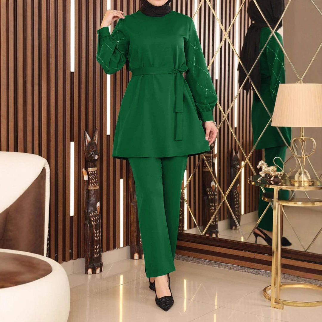 Damen Elegantes zweiteiliges Tunika-Set mit Taillengürtel und Zierärmeln Shop Nory
