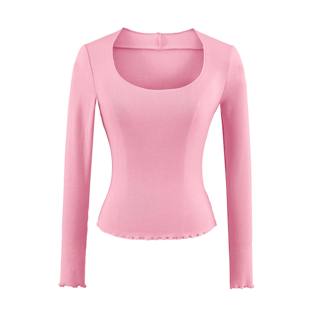 Damen Figurbetontes Langarm-Feinstrickshirt mit quadratischem Ausschnitt und Wellensaum Shop Nory