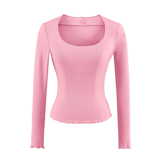 Damen Figurbetontes Langarm-Feinstrickshirt mit quadratischem Ausschnitt und Wellensaum Shop Nory
