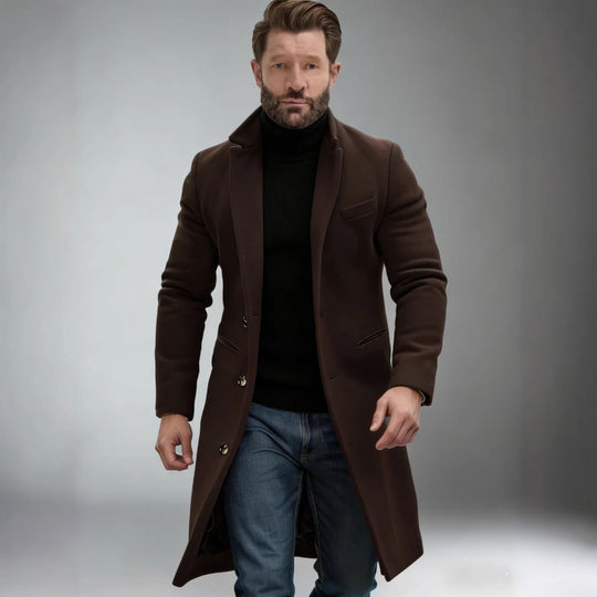 Herren Eleganter einreihiger Langmantel aus Wollmix mit schmaler Silhouette und Reverskragen Shop Nory