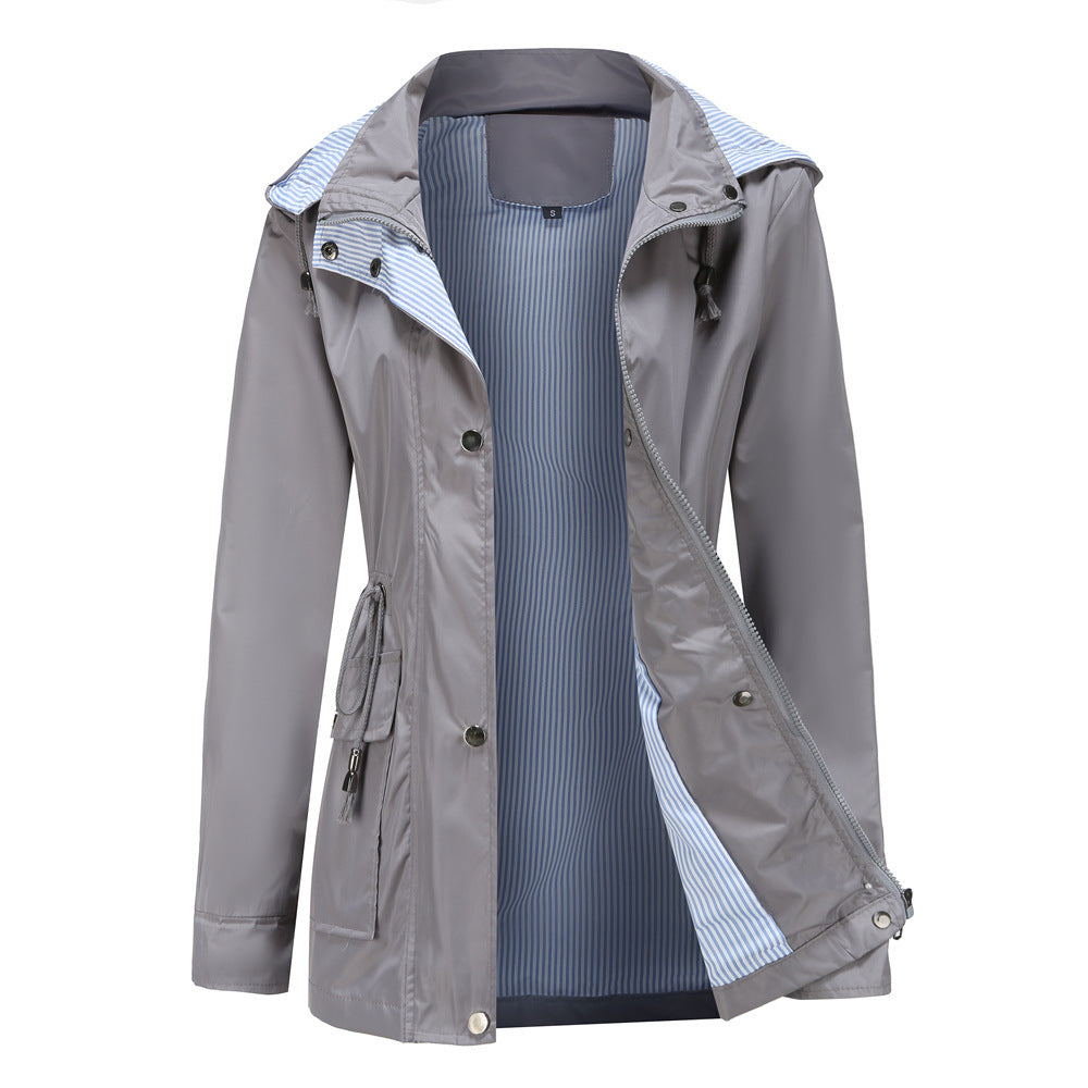 Damen Wetterfeste Regenjacke mit verstellbarem Kapuzenkragen und Taillenzug