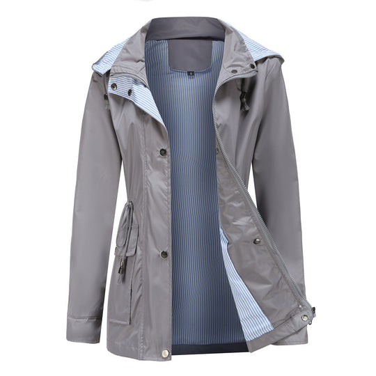 Damen Wetterfeste Regenjacke mit verstellbarem Kapuzenkragen und Taillenzug