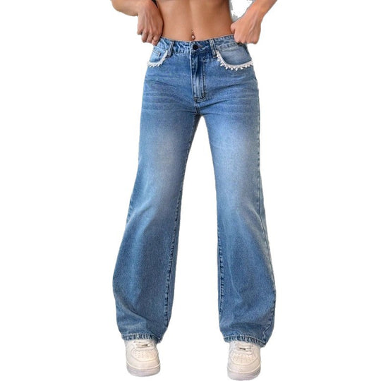 Damen Hochtaillierte Relaxed Wide‑Leg Denim‑Jeans mit fransiger Taschenkante Shop Nory