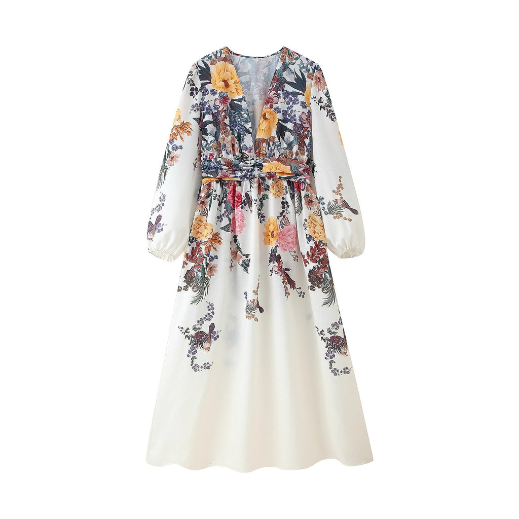 Damen Maxikleid mit floralen Mustern und raffinierten Raffungselementen Shopnory