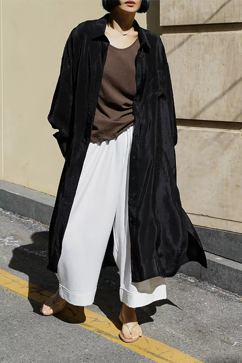 Damen Oversize Hemdblusen-Mantel mit Brusttasche, Seitenschlitz und fließender Leinenoptik Shop Nory
