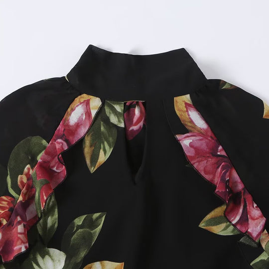 Damen Maxikleid mit Blumenprint, Stufenrock und Volantärmeln Shop Nory