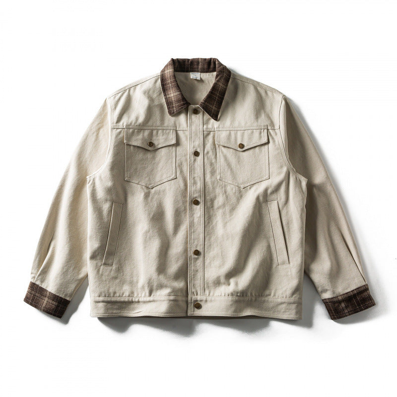 Herren Oversize-Truckerjacke aus Canvas mit Kontrast-Karo-Kragen und aufgesetzten Brusttaschen Shop Nory