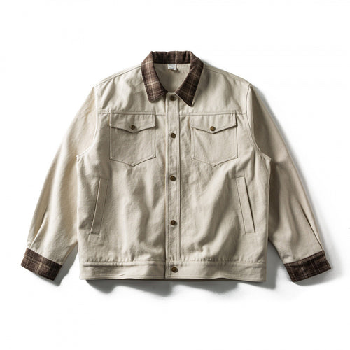 Herren Oversize-Truckerjacke aus Canvas mit Kontrast-Karo-Kragen und aufgesetzten Brusttaschen Shop Nory