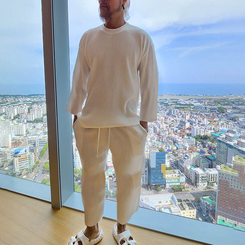 Herren Geripptes Lounge-Set mit Oversized-Langarmshirt und verkürzter Relax-Hose Shop Nory