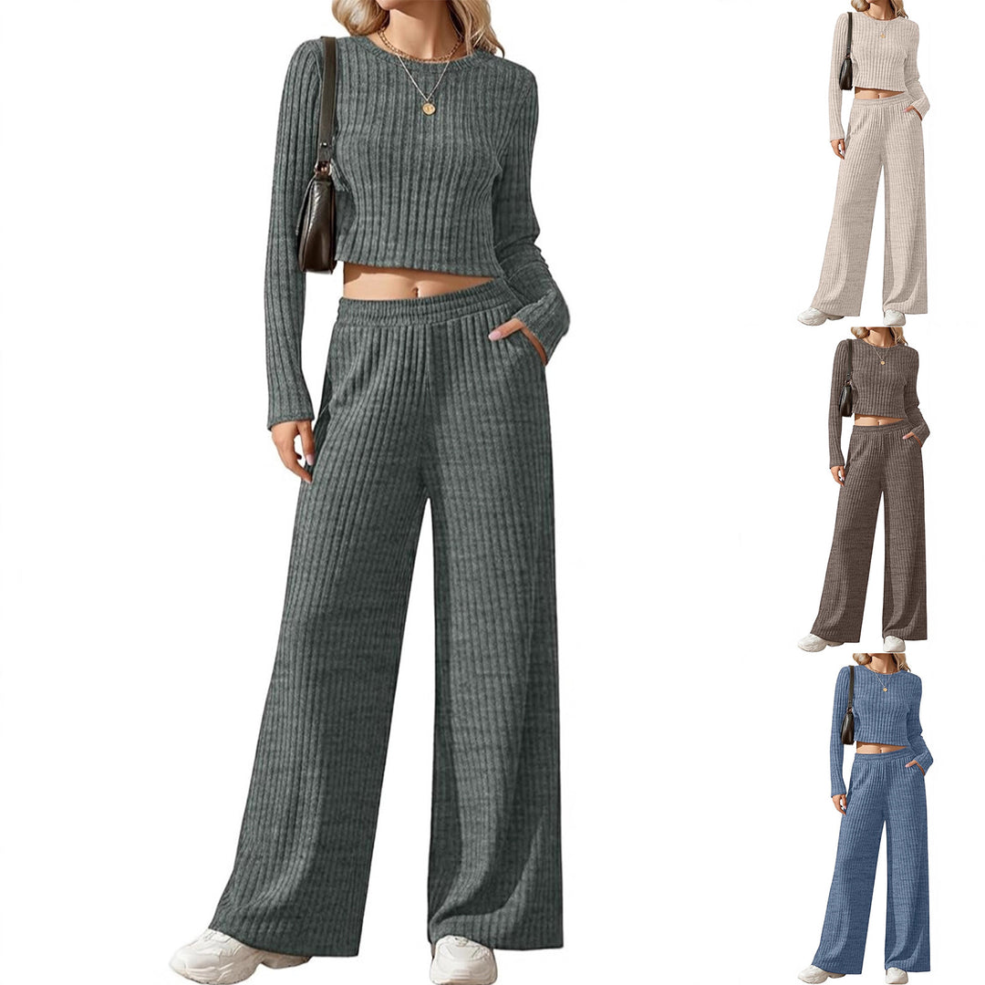 Damen Geripptes Feinstrick-Lounge-Set mit Cropped Langarmtop und High-Waist Palazzohose Shop Nory