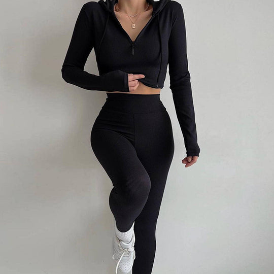 Damen figurnahes Rippjersey-Halbzip-Set mit tailliertem Longsleeve und High-Waist-Leggings Shop Nory