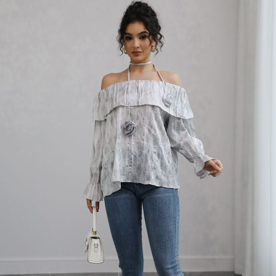 Damen Schulterfreies Crinkle-Blusentop mit Volant, Ballonärmeln und Choker Shop Nory