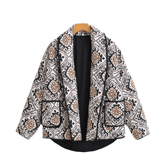 Damen Stepp-Kimono-Jacke mit Taillengürtel und Ethno-Muster