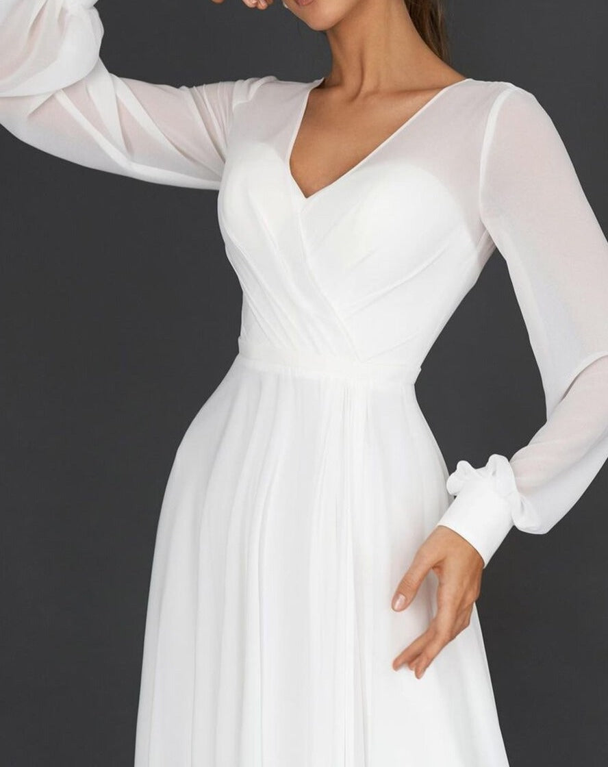 ShopNory Damen Midikleid mit Wickeloptik und transparenten Ärmeln